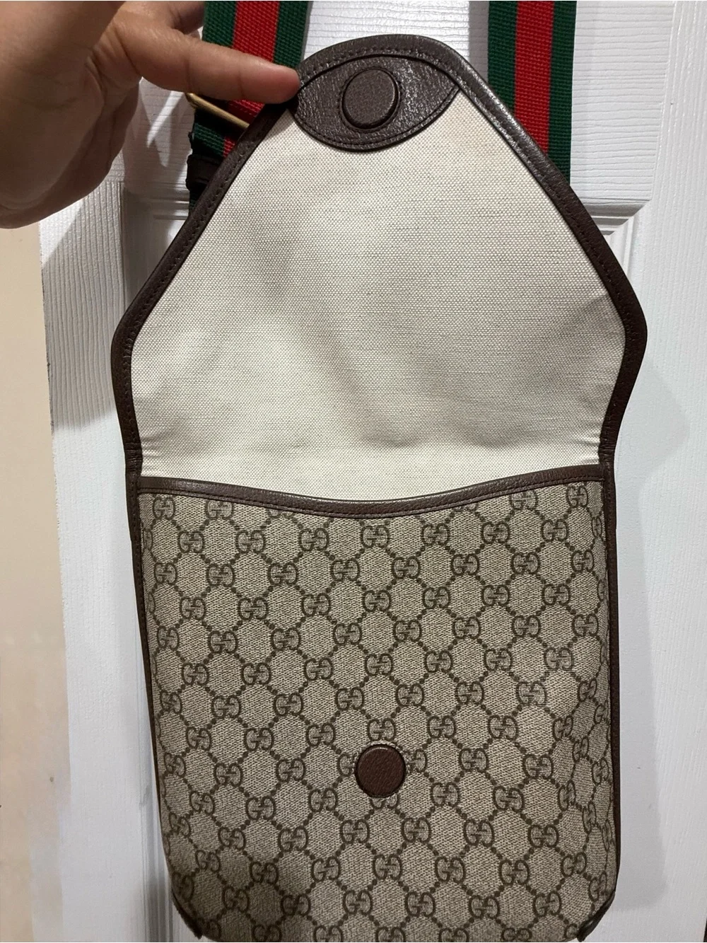 Gucci Beige GG Canvas Messenger with Brown Trim and Green-Red Strap